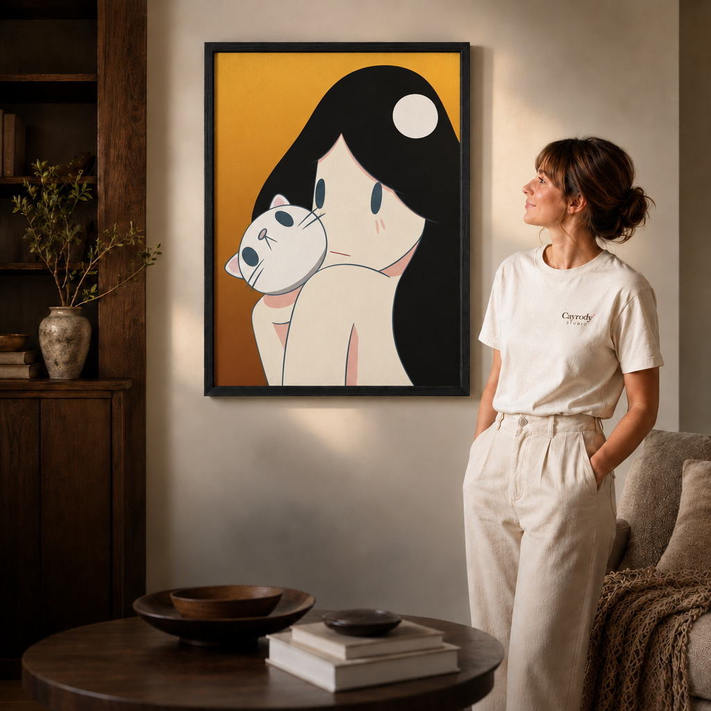 A slim black framed cat wall art piece of a girl holding a white cat hangs above a wooden sideboard in a warm living room.