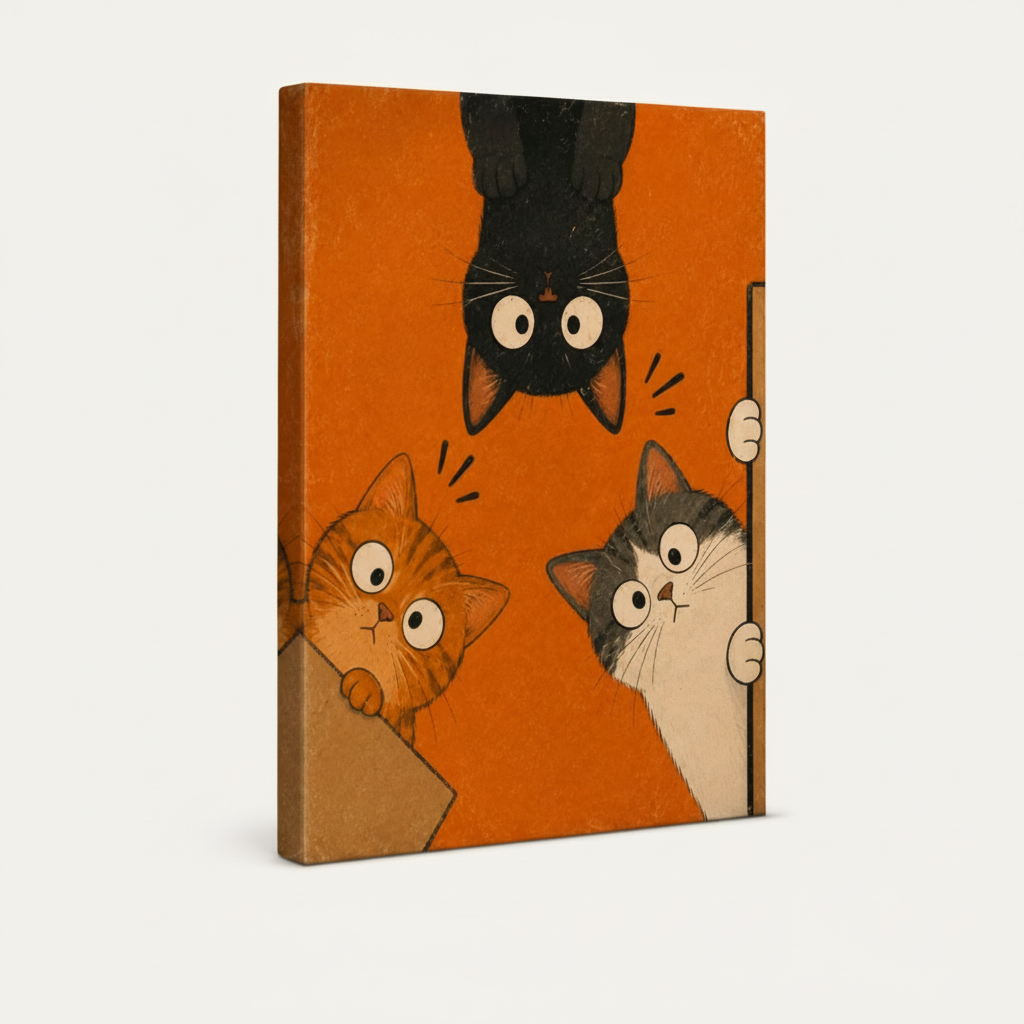 Gallery-wrapped canvas of three surprised cats in retro orange illustration, 3/4 side view