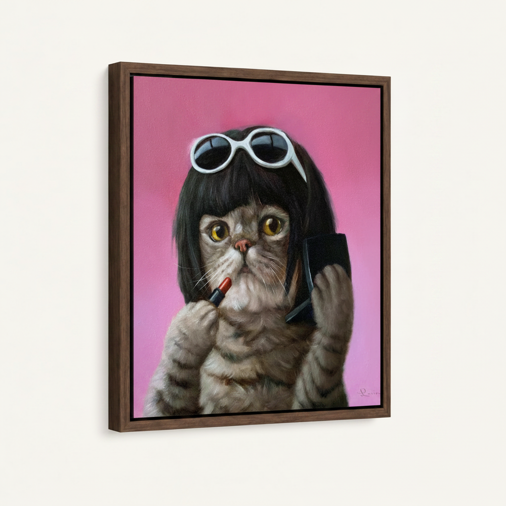Glamour cat lipstick canvas print in dark walnut float frame shown at left-facing angle on cream background