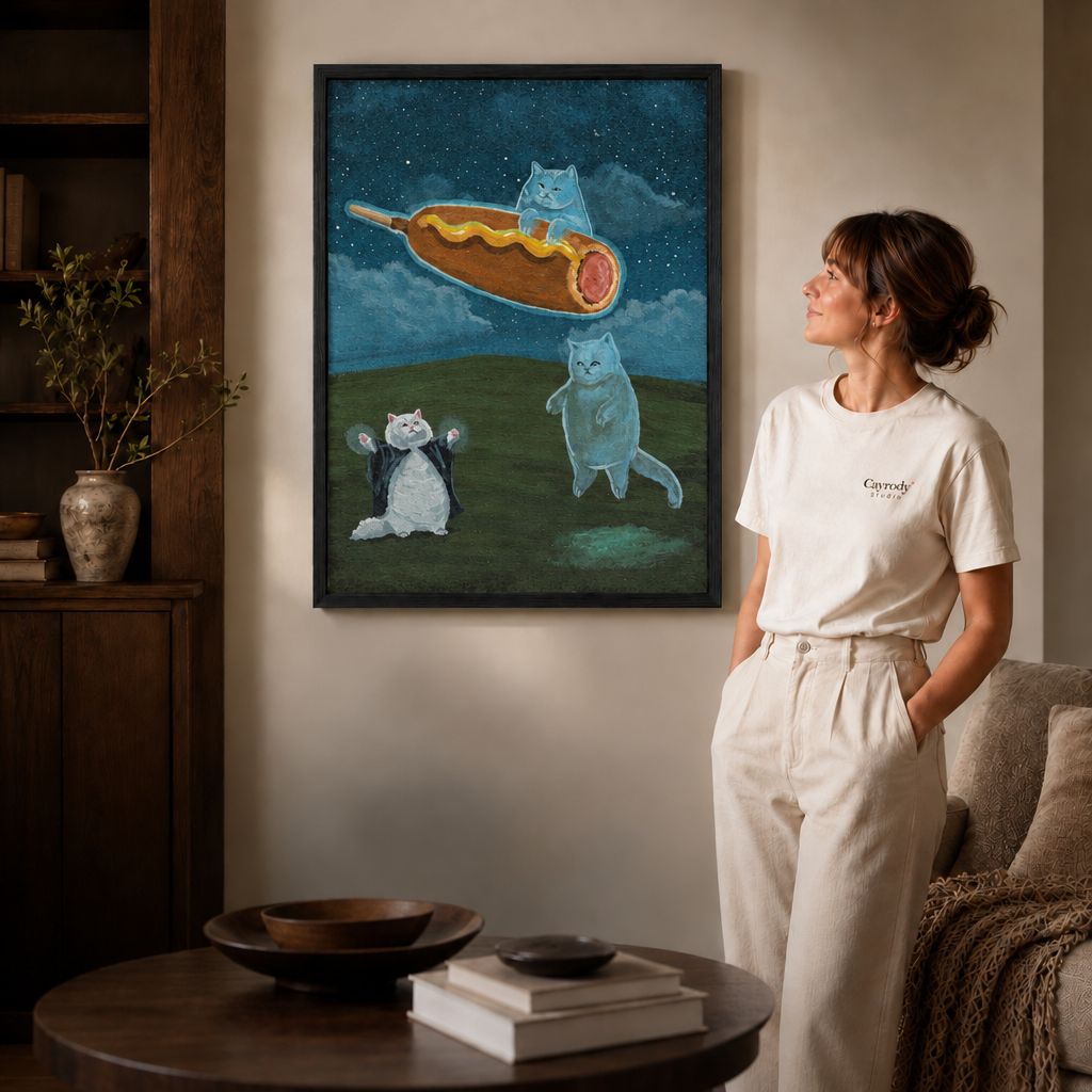 A slim black framed surreal cat wall art piece of a caped cat and flying corn dog hangs in a warm living room.