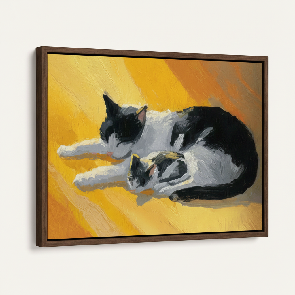 Two cats curled together impasto canvas in dark walnut float frame, product angle on white background
