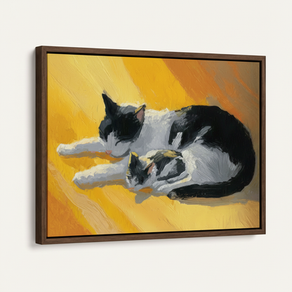 Two cats curled together impasto canvas in dark walnut float frame, product angle on white background