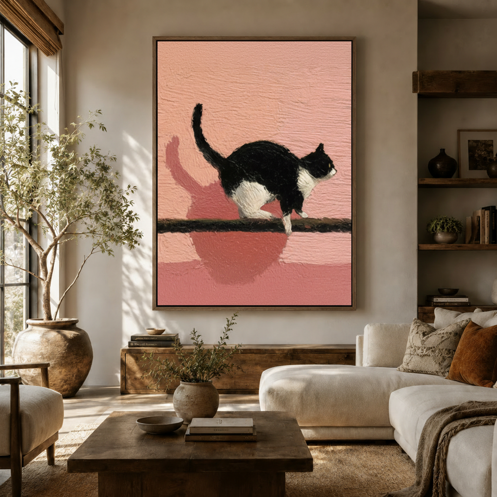 Large whimsical cat canvas print with blush pink background above sideboard in warm neutral farmhouse living room