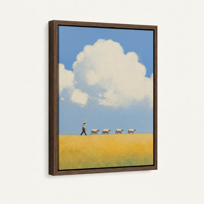 Framed minimalist shepherd canvas wall art with dark walnut float frame on white background