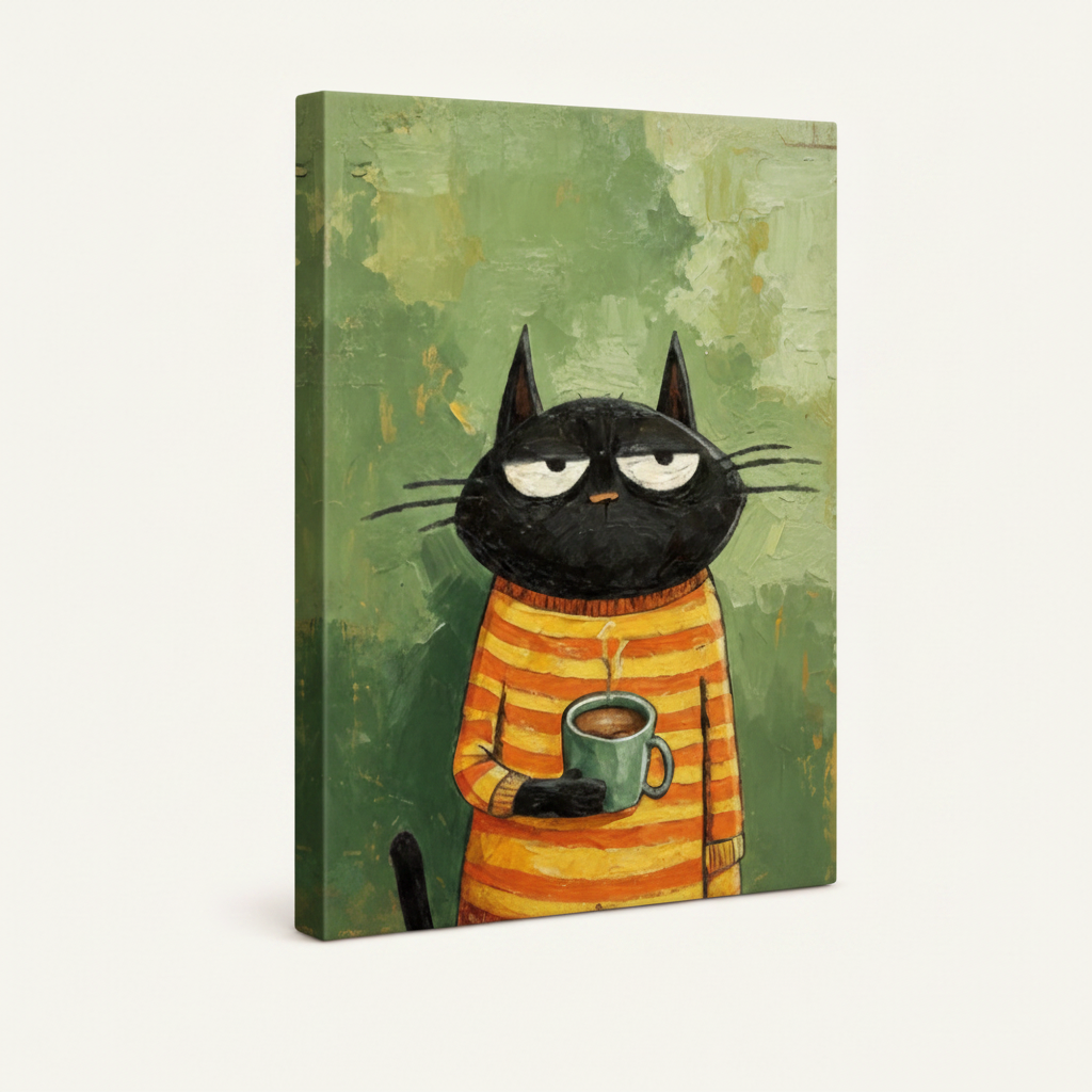 Gallery-wrapped canvas side view showing thick stretcher bars and grumpy black cat oil painting print