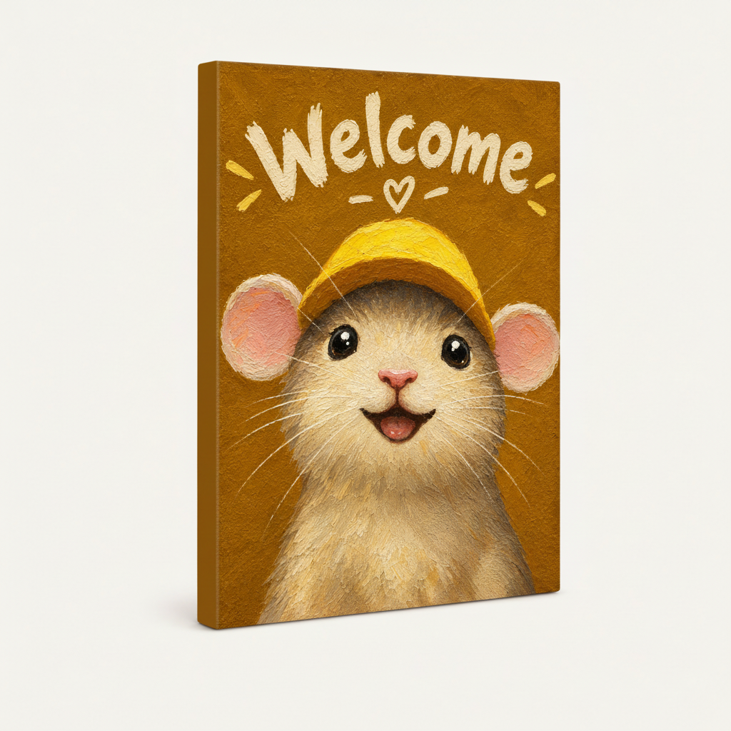 Gallery-wrapped cute mouse welcome canvas at 45-degree angle on white background