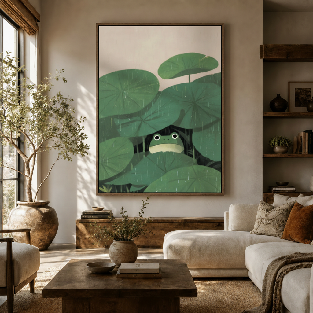 Japanese minimalist frog canvas above sideboard in warm modern living room