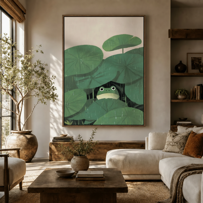 Japanese minimalist frog canvas above sideboard in warm modern living room