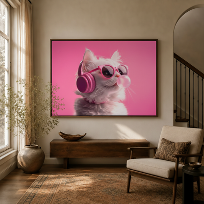 Bold pink cat canvas wall art above console in warm golden entryway beside armchair and staircase