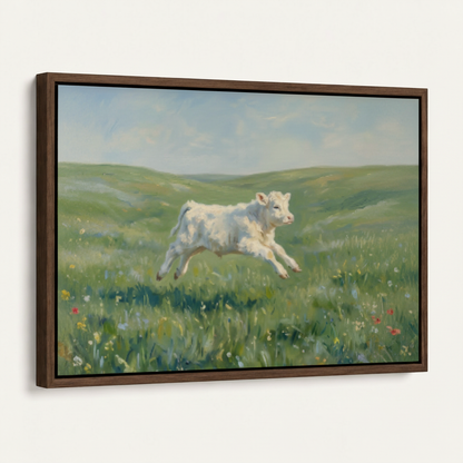 White calf leaping wildflower meadow canvas in dark walnut float frame, angled product view on white background