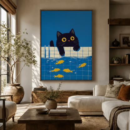 Funny black cat goldfish canvas art hanging in bright modern living room