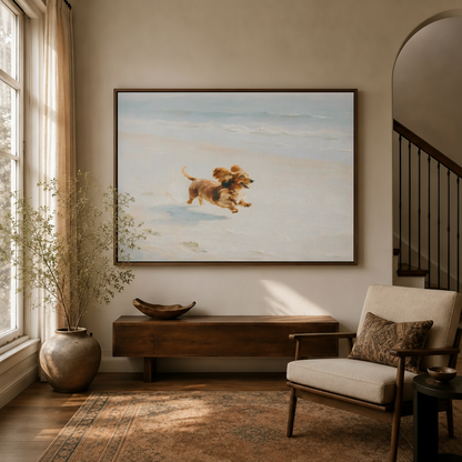 Dachshund race vintage cartoon canvas art hanging in warm entryway beside staircase console and linen armchair