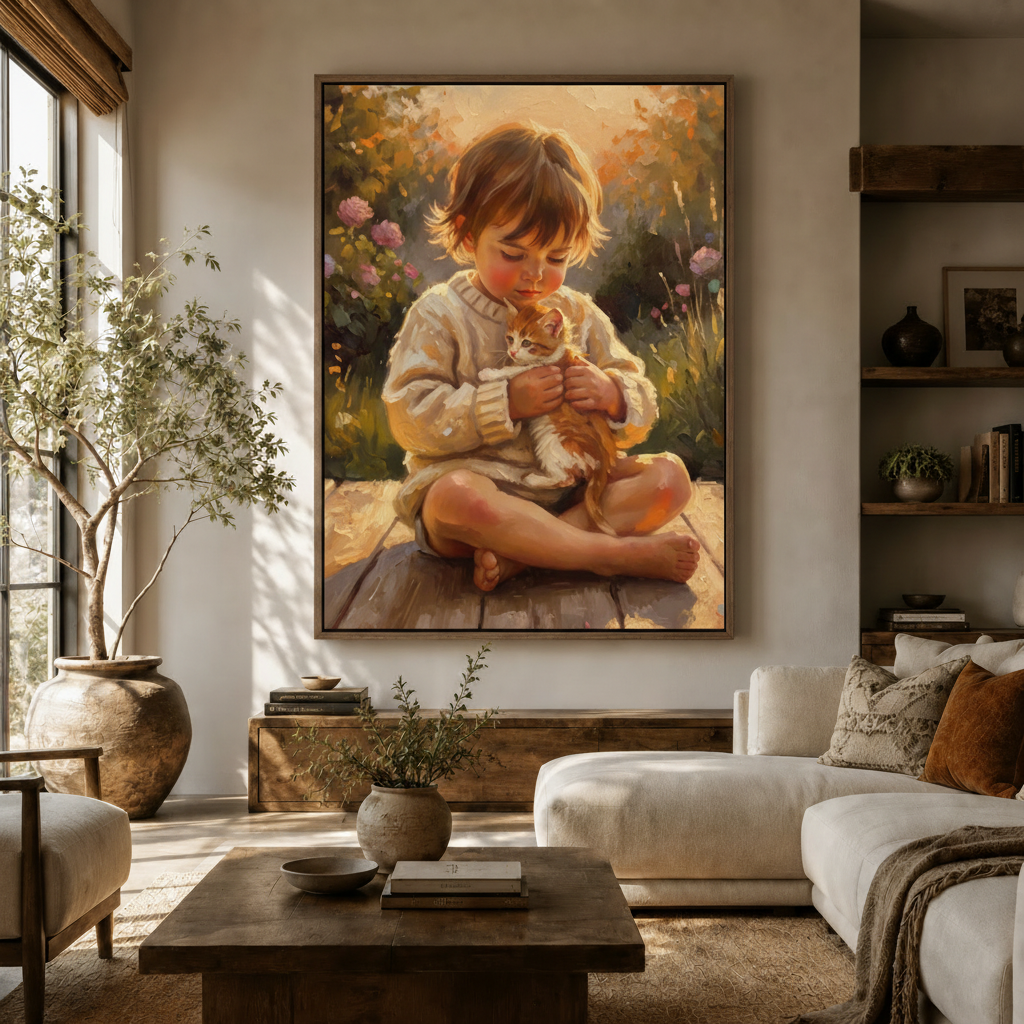 Warm impressionist child and kitten canvas art displayed above sideboard in modern living room with olive tree