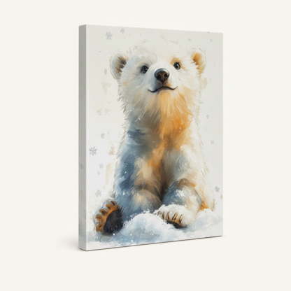 Gallery-wrapped canvas side view of smiling baby polar bear watercolor painting with snowflake background