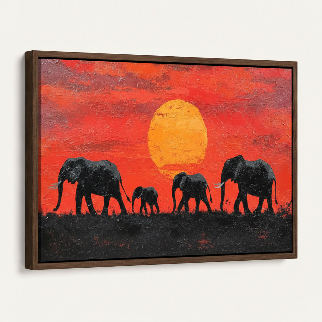 African elephant sunset canvas print in dark walnut float frame at 45-degree angle on off-white background