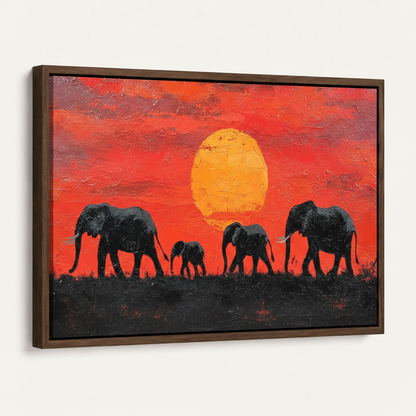 African elephant sunset canvas print in dark walnut float frame at 45-degree angle on off-white background