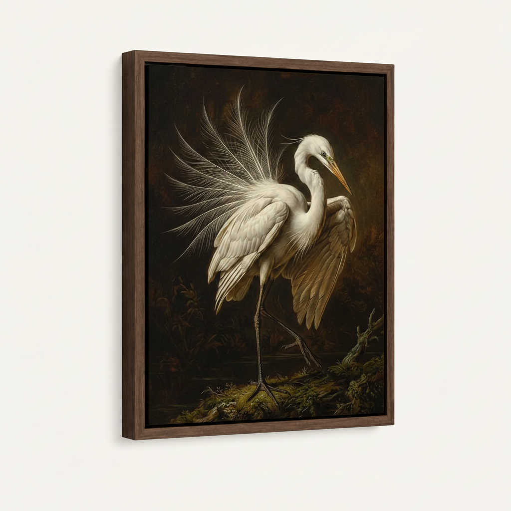 Framed canvas of a majestic great egret with luminous feather detail, dark walnut float frame, angled view
