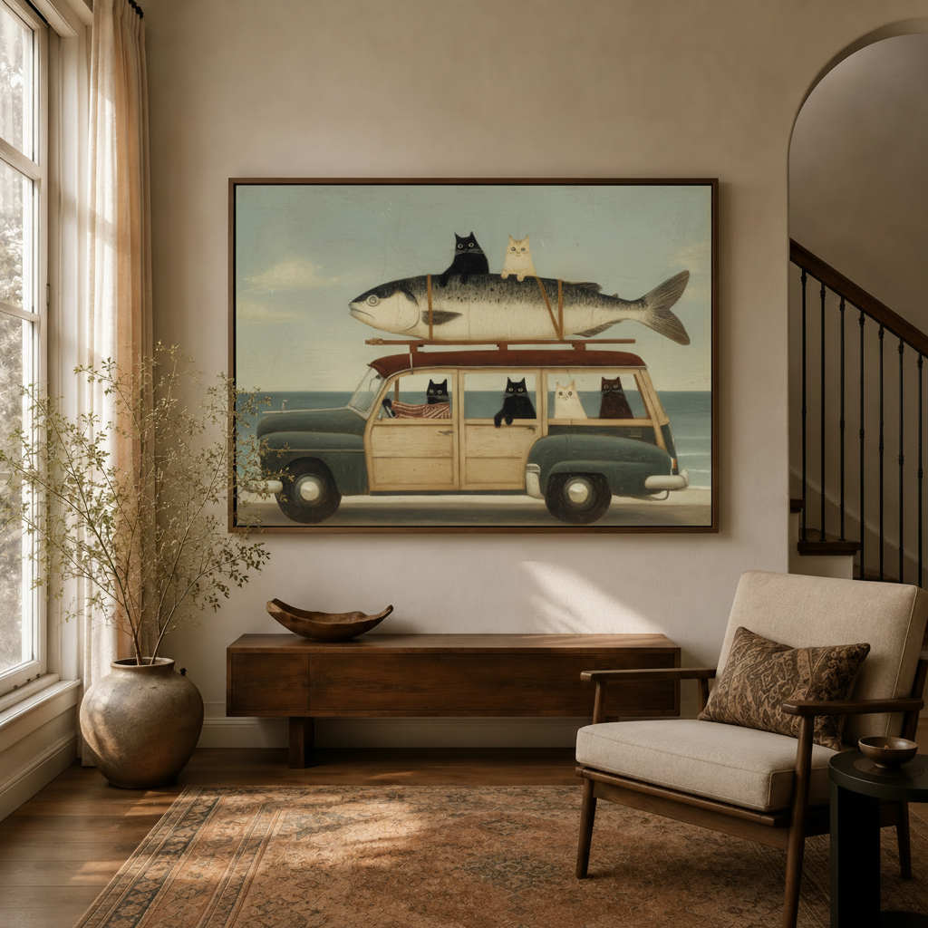 Cats road trip woody wagon vintage folk art canvas hanging in warm entryway beside staircase and armchair