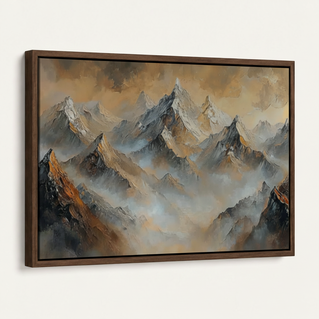 Dark walnut floating frame canvas of misty mountain oil painting, angled product view on white background