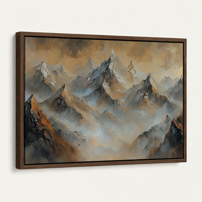 Dark walnut floating frame canvas of misty mountain oil painting, angled product view on white background