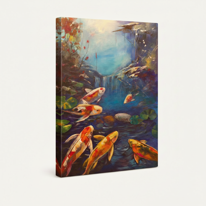 Gallery-wrapped koi fish canvas art, angled view showing thick wrapped edges on white background