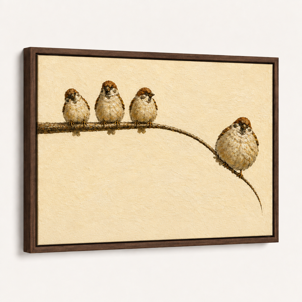 Framed four sparrows canvas artwork shown at an angled product view