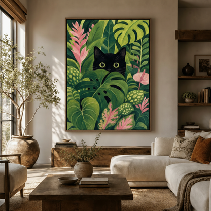Bold tropical jungle black cat canvas above sideboard as living room statement wall art