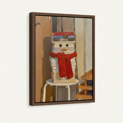 Framed book snowman canvas art at 45-degree angle showing dark walnut floating frame detail