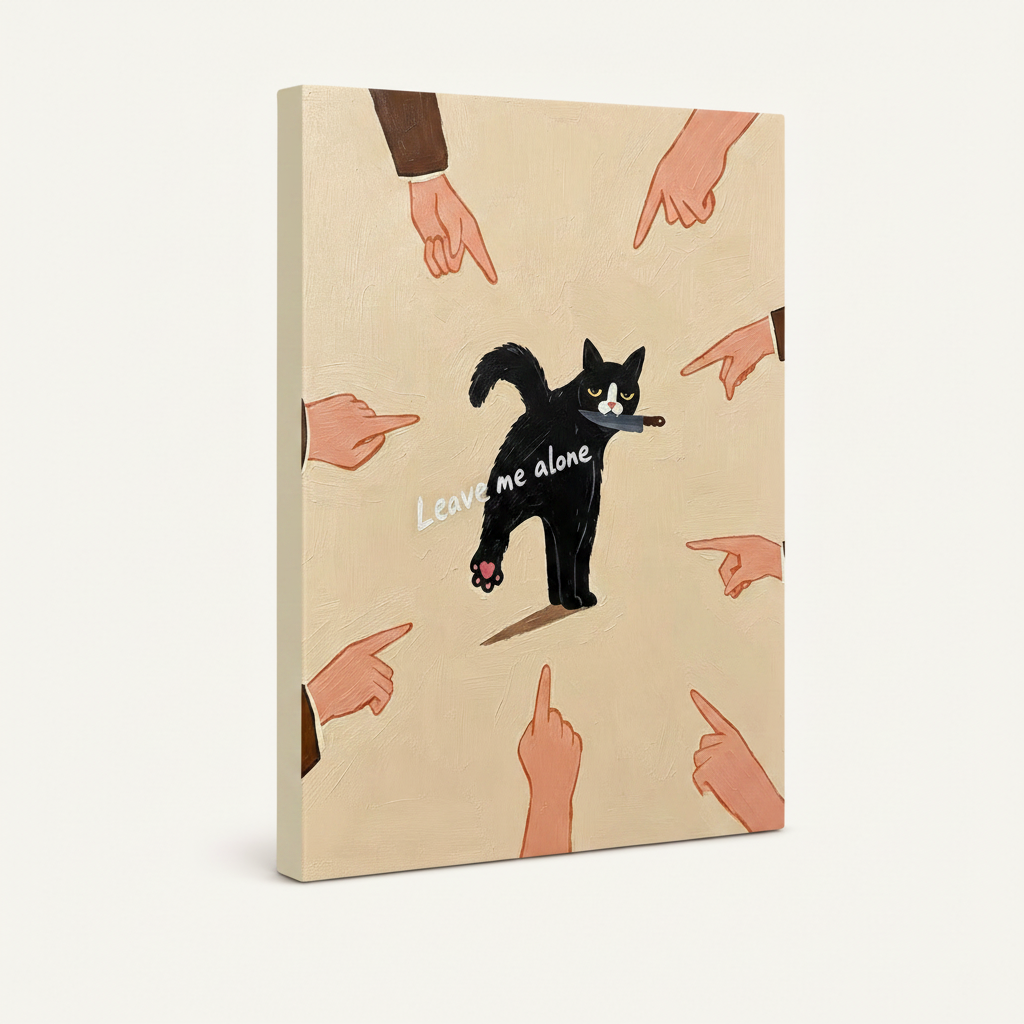 Gallery-wrapped canvas of leave me alone tuxedo cat meme illustration with warm neutral backdrop