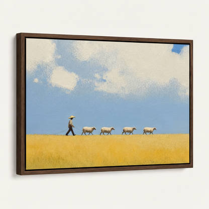 Close-up of a framed shepherd and sheep canvas print with a dark walnut float frame on white.