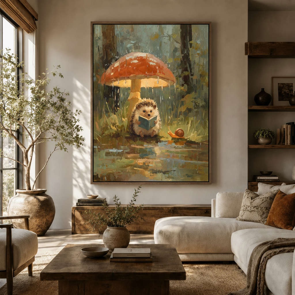 Whimsical hedgehog rain mushroom woodland canvas above sideboard in warm modern living room