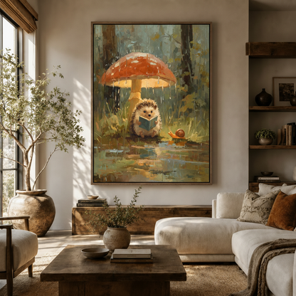 Whimsical hedgehog rain mushroom woodland canvas above sideboard in warm modern living room