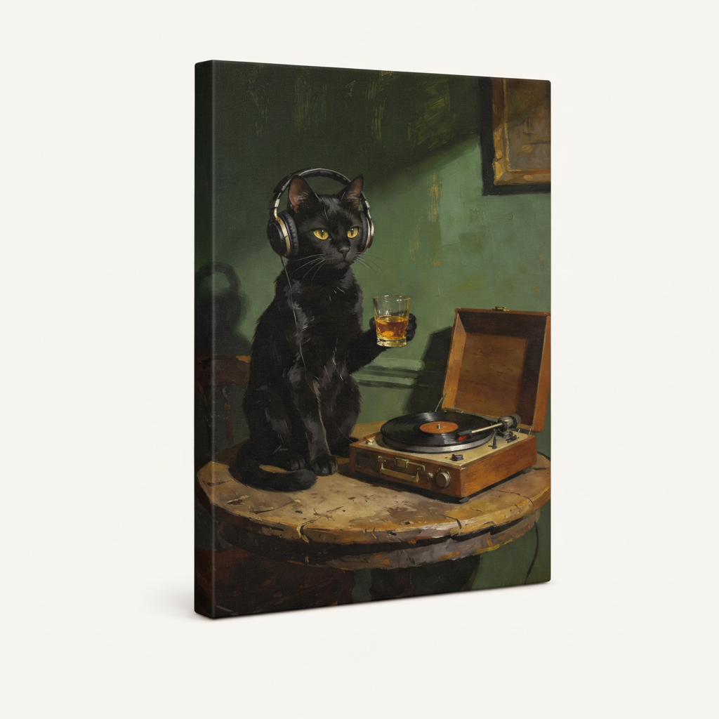 Gallery-wrapped black cat vinyl record oil painting canvas side view showing dark moody tones