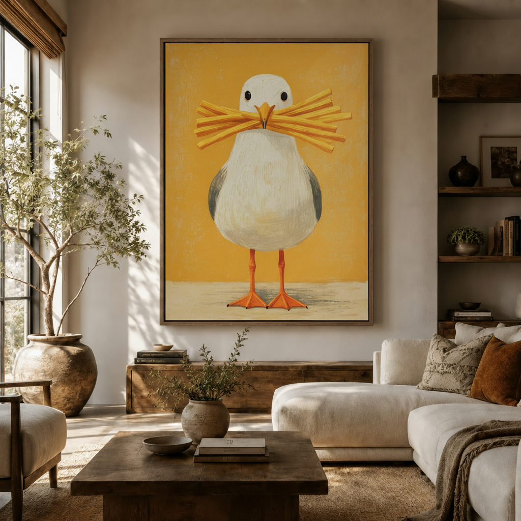 Whimsical seagull bird painting hanging above living room sofa with warm neutral decor