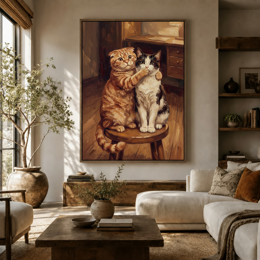 Warm impasto two cats portrait canvas in dark frame hung in Japandi-style living room
