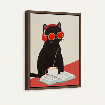 Framed cool cat canvas art print black cat red sunglasses headphones dark walnut frame