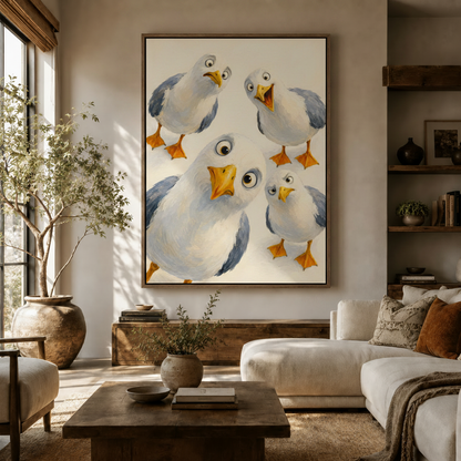 Whimsical seagull canvas art hanging in bright Japandi style living room