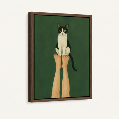 Framed tuxedo cat canvas in dark walnut floating frame 3/4 angle view on clean white background