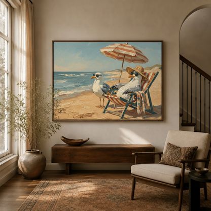 Seagulls beach vacation impasto canvas art hanging in warm entryway beside staircase console and linen armchair