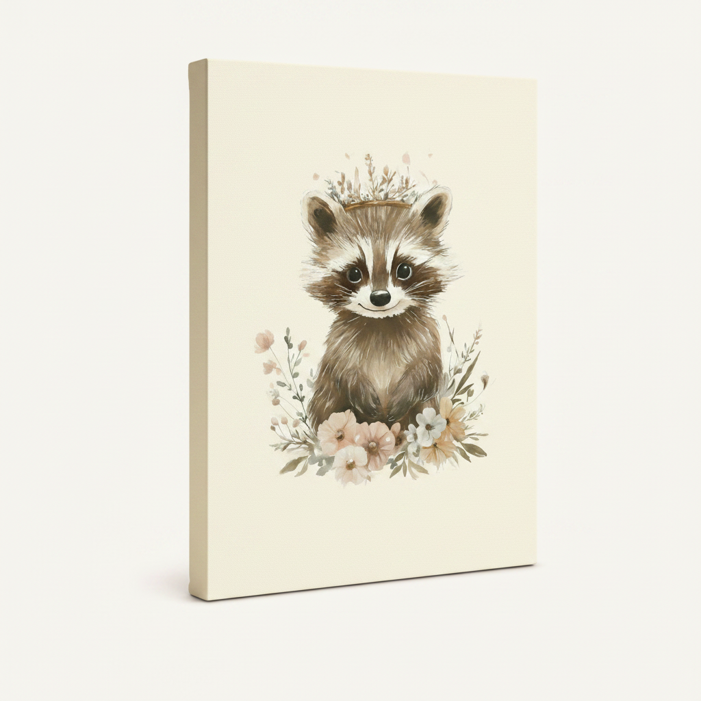 Gallery-wrapped watercolor raccoon canvas print, angled product view showing thin cream-colored side edge