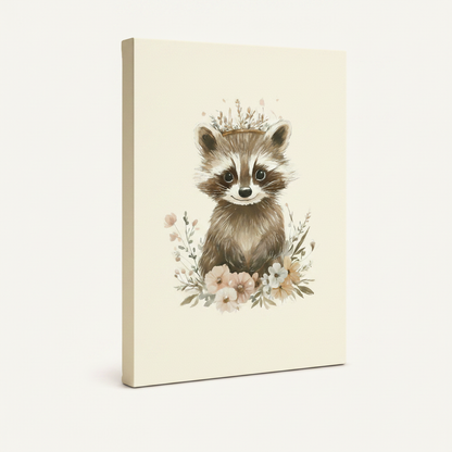 Gallery-wrapped watercolor raccoon canvas print, angled product view showing thin cream-colored side edge