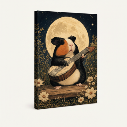 Gallery-wrapped guinea pig moon vintage canvas print angled view showing wrapped edges and botanical illustration detail
