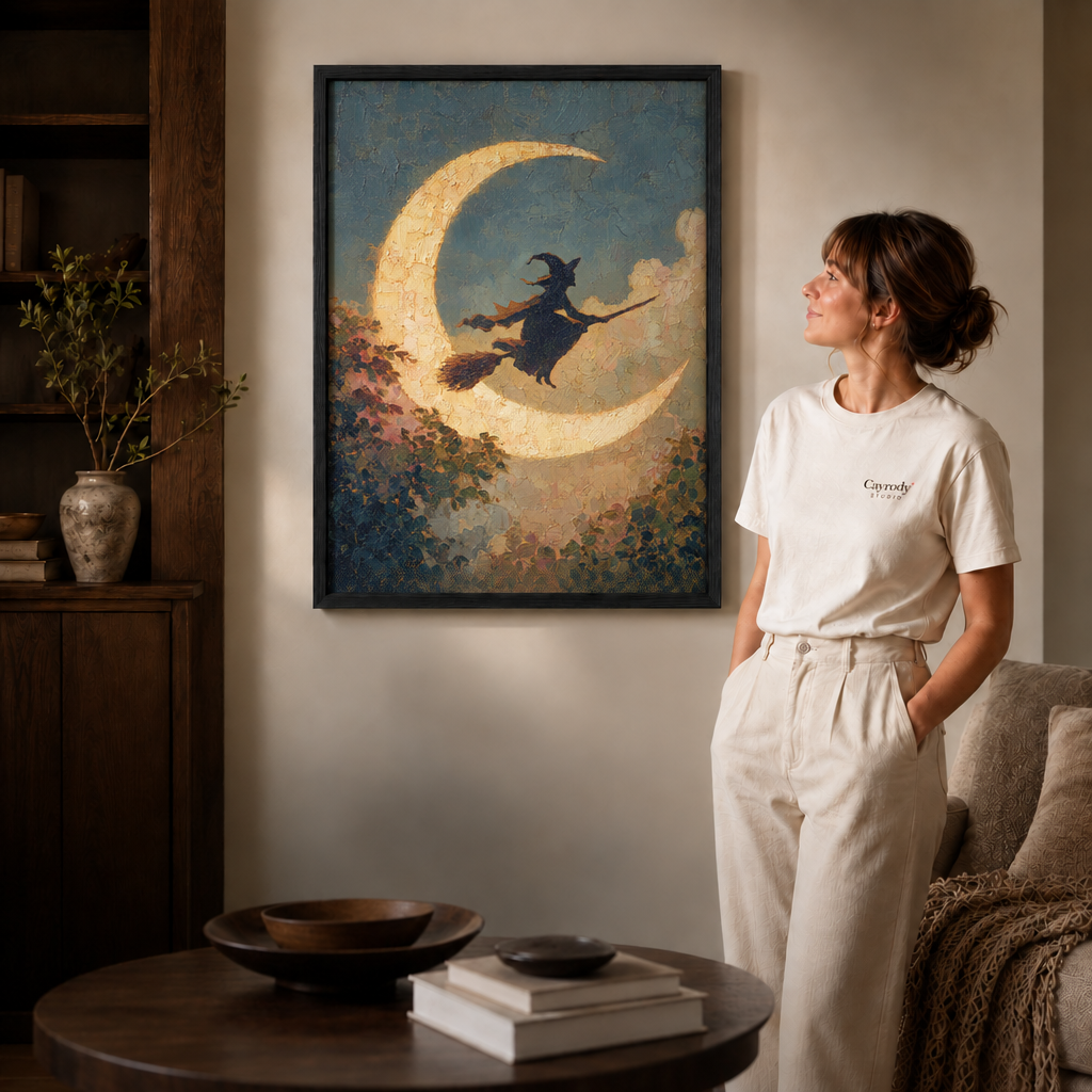 Black-framed moonlit witch artwork displayed above a table beside a standing model
