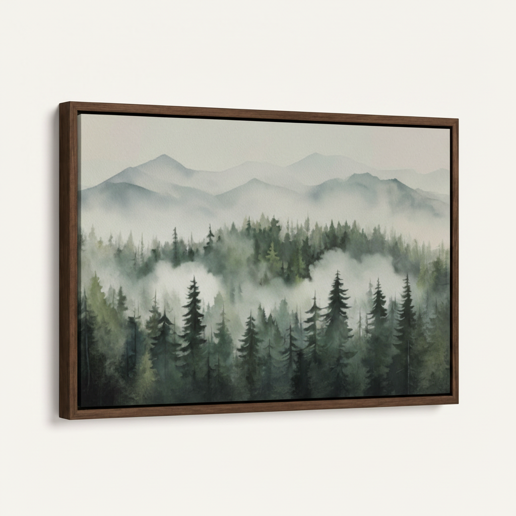 Dark walnut floater frame canvas of misty pine forest watercolor art on off-white background, angled product view