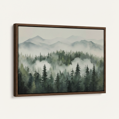 Dark walnut floater frame canvas of misty pine forest watercolor art on off-white background, angled product view