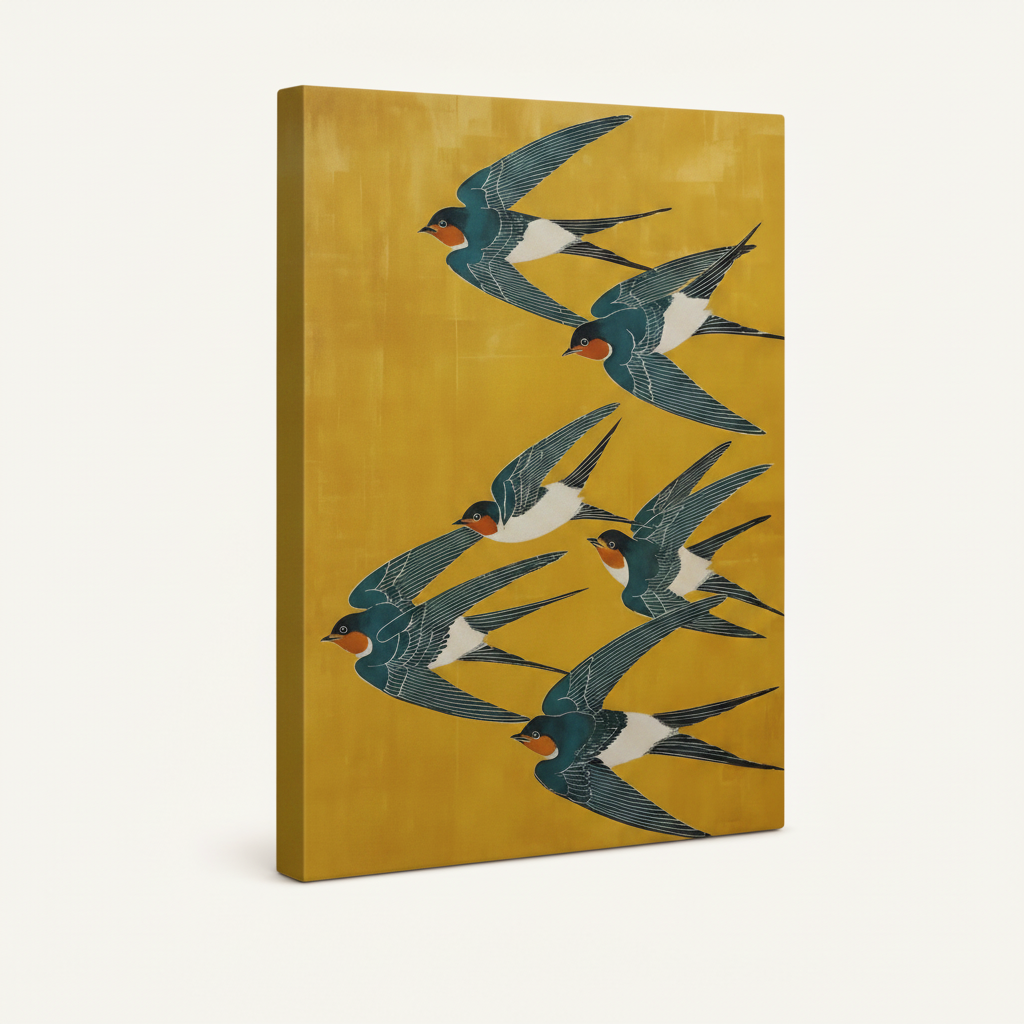 	Gallery-wrapped barn swallow canvas wall art shown at an angle revealing thick wrapped edges and vibrant teal-gold artwork