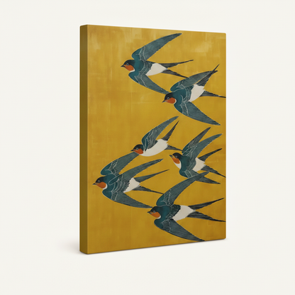 	Gallery-wrapped barn swallow canvas wall art shown at an angle revealing thick wrapped edges and vibrant teal-gold artwork