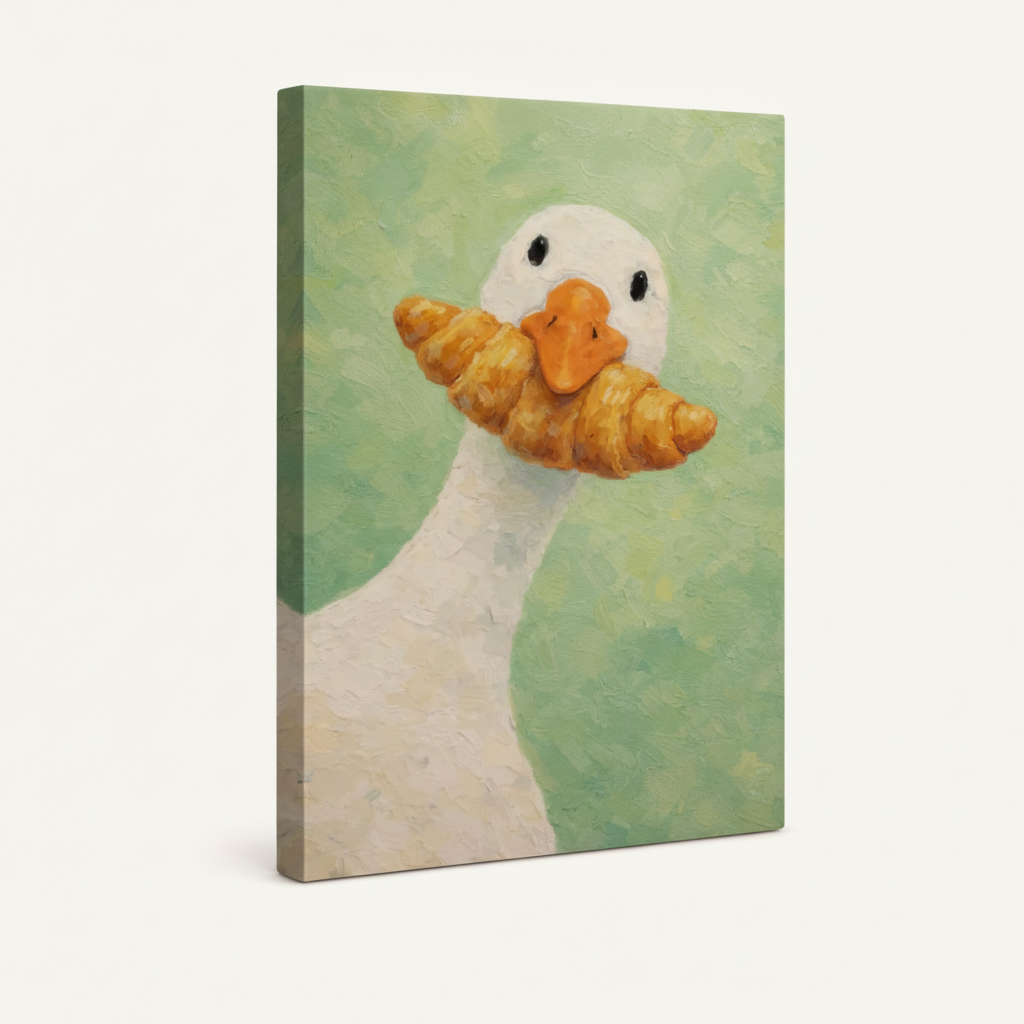 Gallery-wrapped goose croissant canvas showing side wrap depth on white background