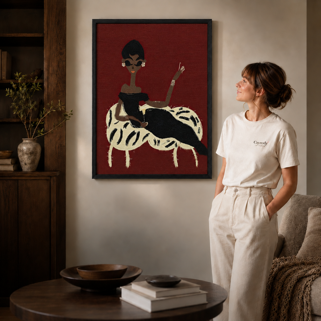 Portrait canvas wall art in a cozy living room with black framing, shelving, sofa, and coffee table.