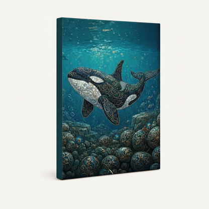 Gallery-wrapped mosaic orca canvas print shown at three-quarter angle on white background